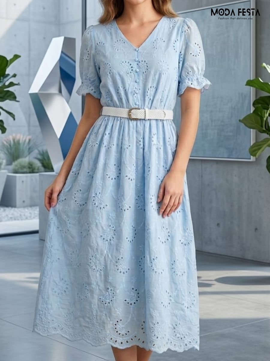 Broderie Anglaise Eyelet Midi Dress with belt